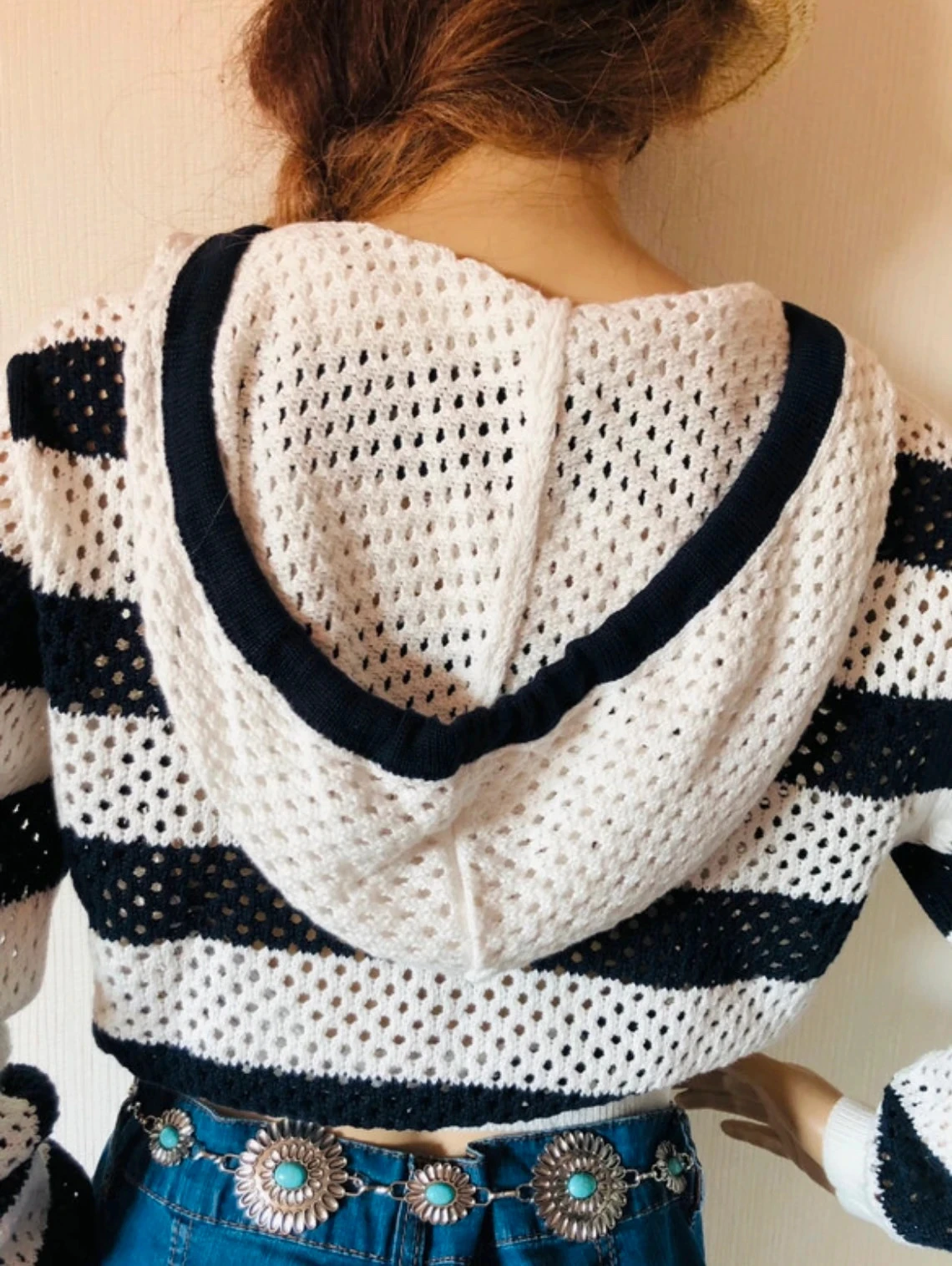 💙🌿Suéter curto de crochê com capuz e listras Y2K Beachwear festival hoodie crop striped sweater S/M🌿💙 – photo 9